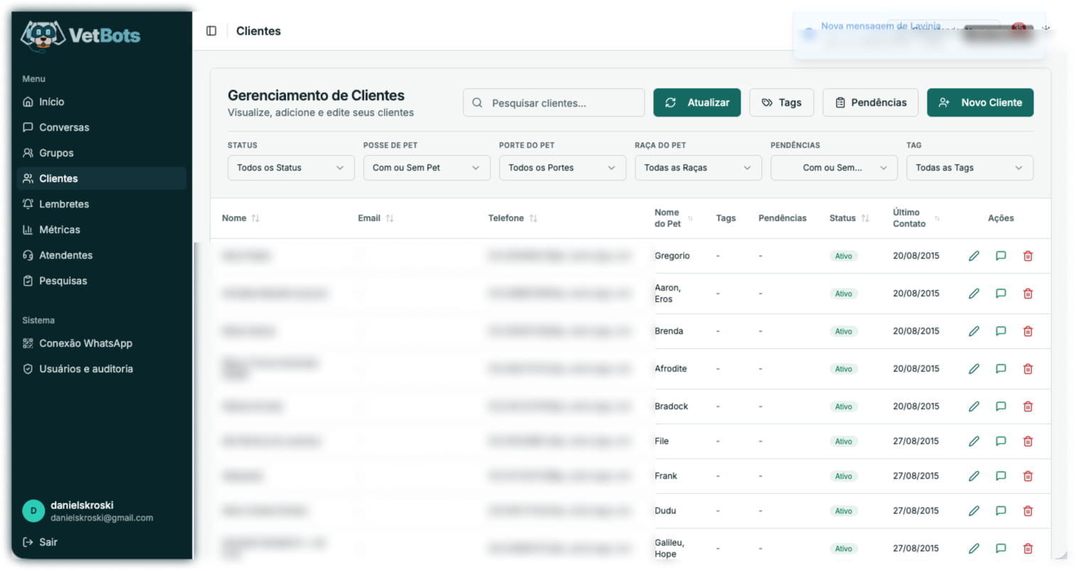 Tela de lembretes automáticos do Dashboard VetBots