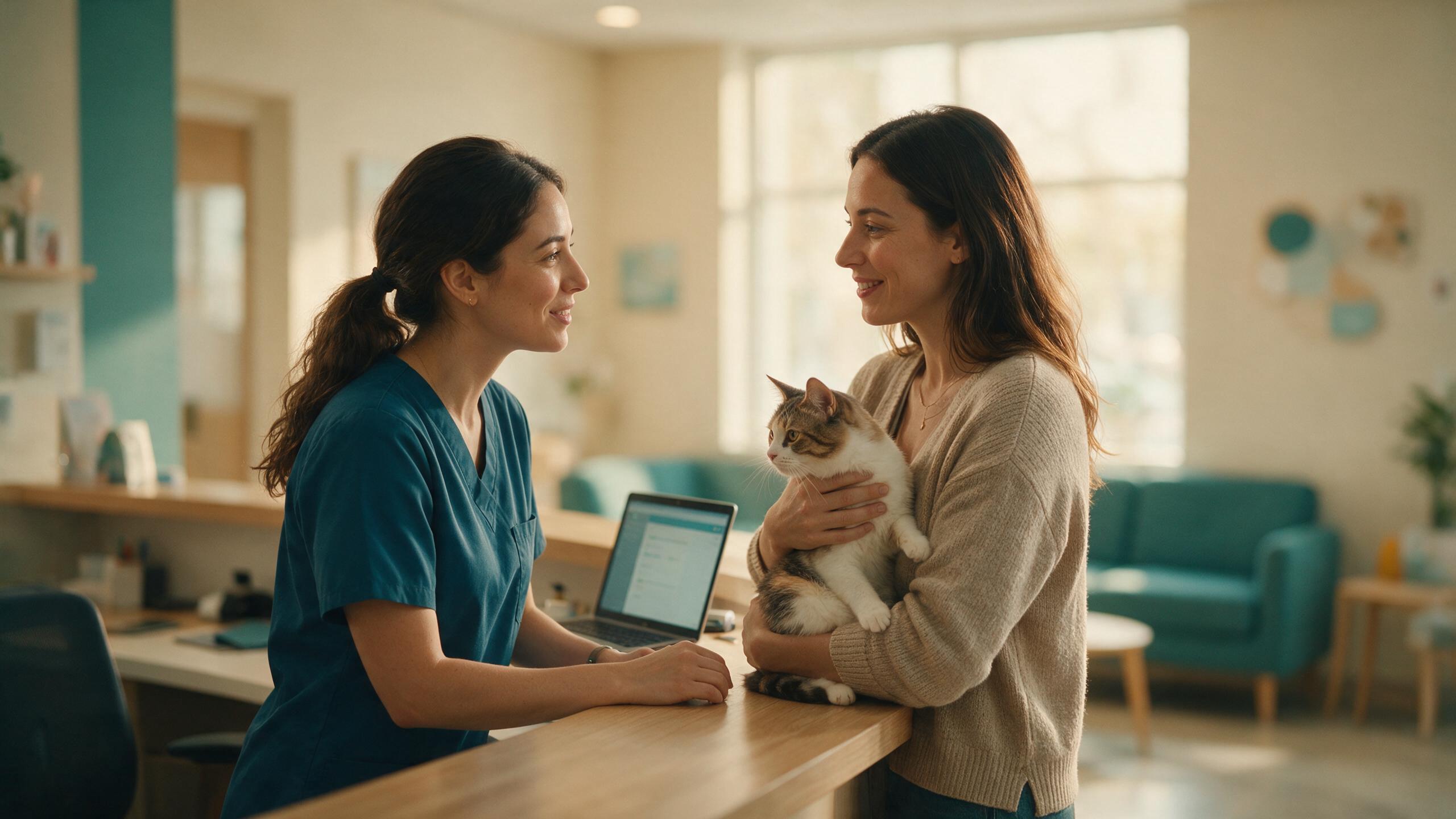 Recepcionista atendendo pessoalmente uma tutora com gato no colo, com laptop aberto na bancada da recepção