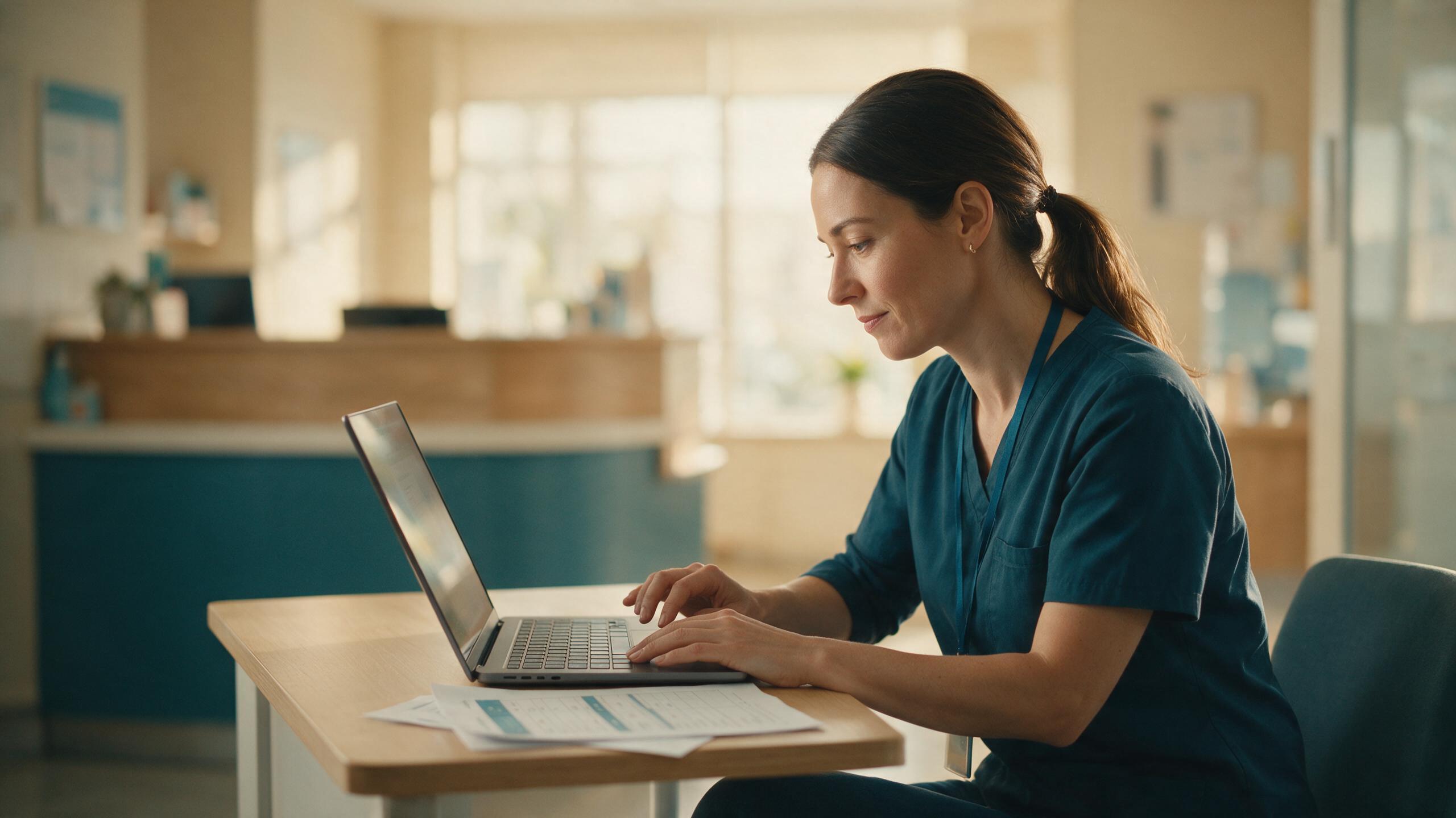 Gestora de clínica veterinária revisando configurações do atendimento em um laptop, com a tabela de serviços impressa ao lado
