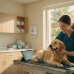 Médica veterinária examinando um golden retriever na mesa de consulta com tablet apoiado ao lado