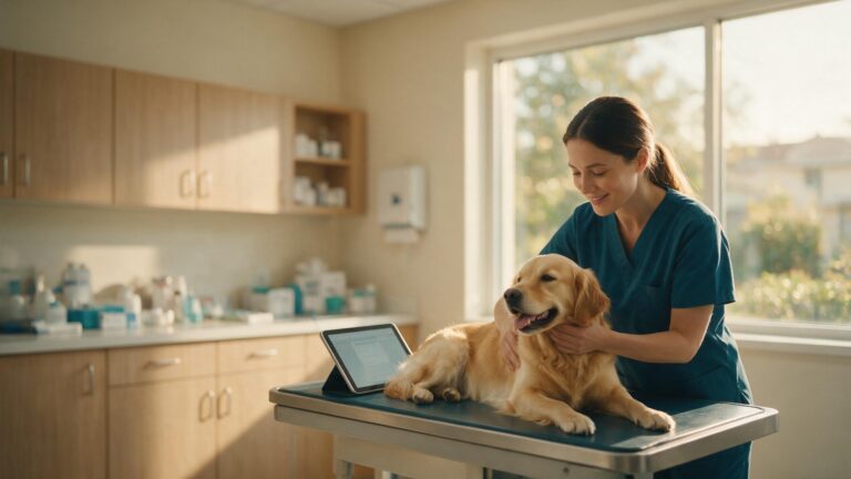 Médica veterinária examinando um golden retriever na mesa de consulta com tablet apoiado ao lado
