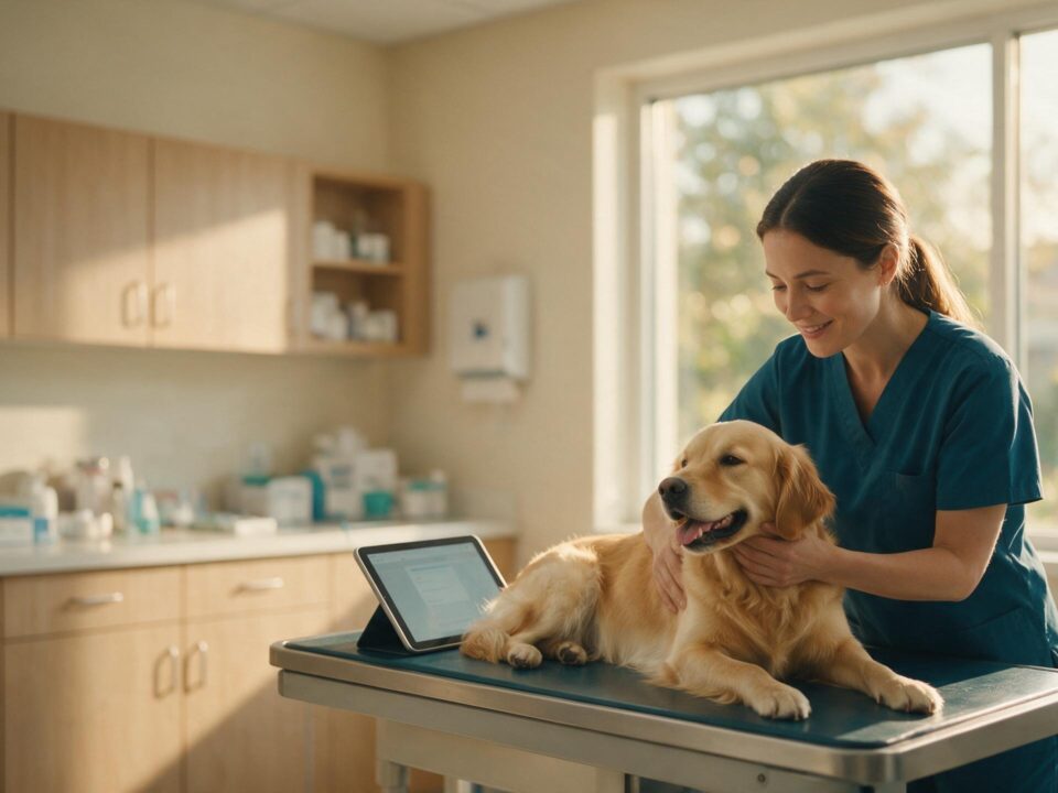 Médica veterinária examinando um golden retriever na mesa de consulta com tablet apoiado ao lado