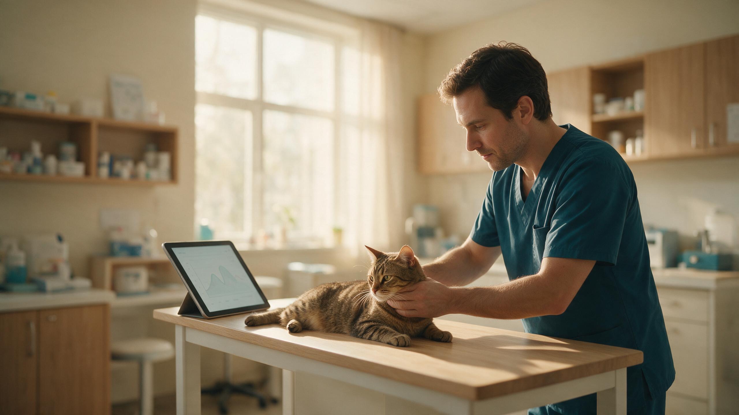 Médico veterinário examinando um gato na mesa de consulta olhando para o animal, com tablet ao lado