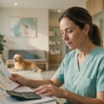 Dona de clínica veterinária confere planilha de folha de pagamento com calculadora na recepção