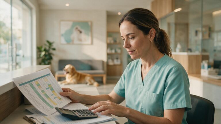Dona de clínica veterinária confere planilha de folha de pagamento com calculadora na recepção