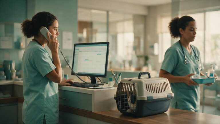 Recepcionista de clínica veterinária atende telefone diante do monitor com a agenda do dia