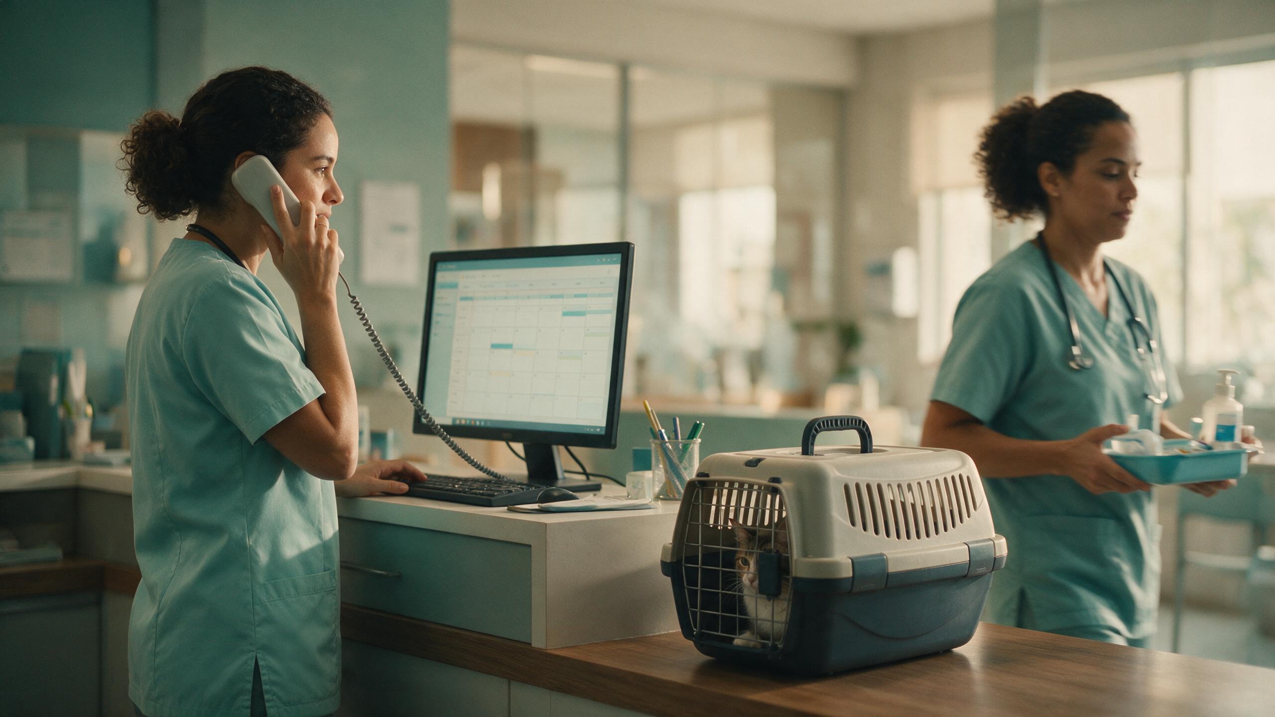 Recepcionista de clínica veterinária atende telefone diante do monitor com a agenda do dia