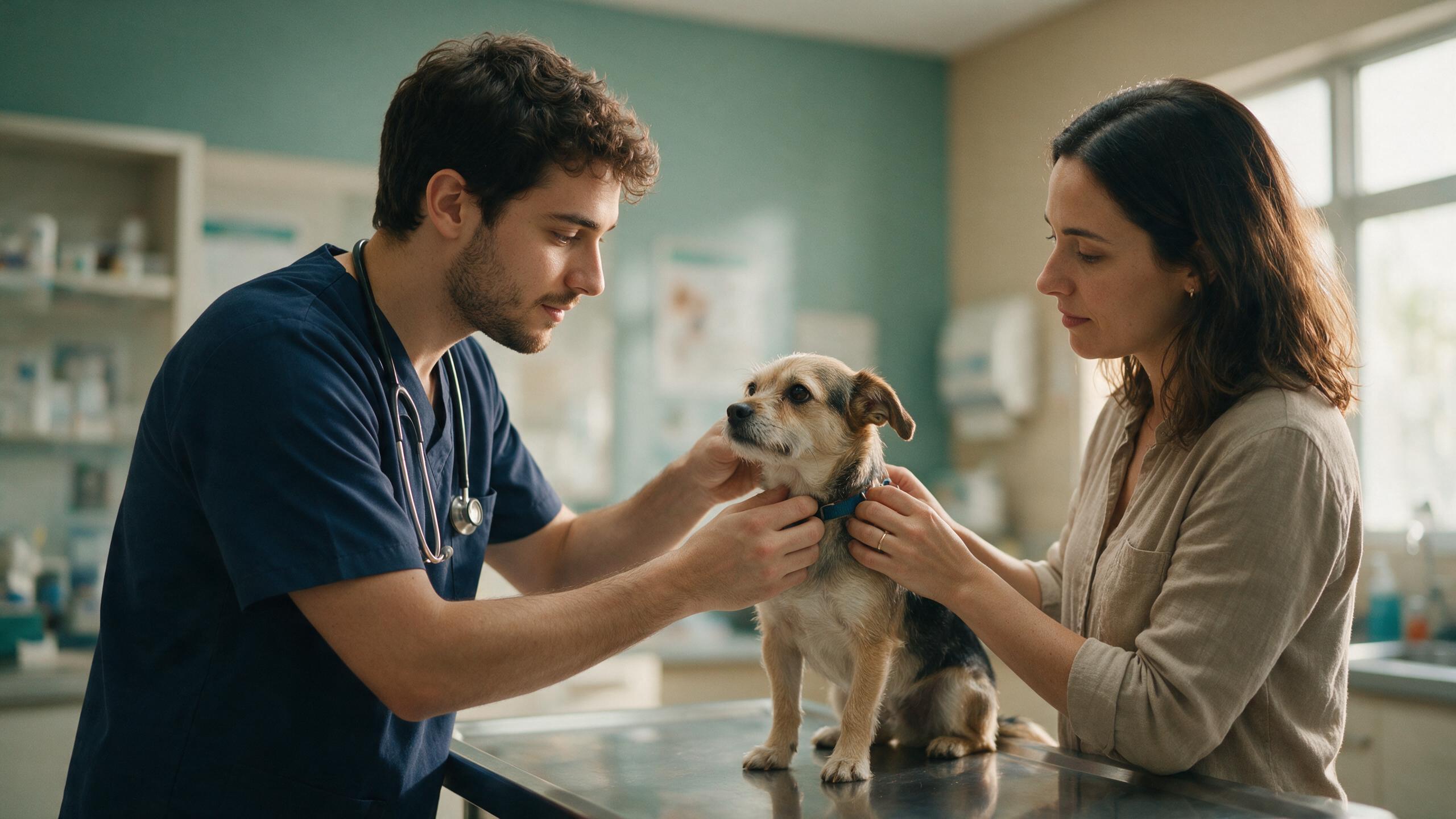 Médico-veterinário examina cão de pequeno porte na mesa enquanto a tutora segura a coleira